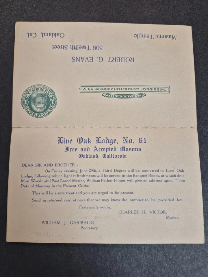 US stamp UY6,  Reply Card Attached. Live Oak Lodge  (JST62 - Image 4 of 4