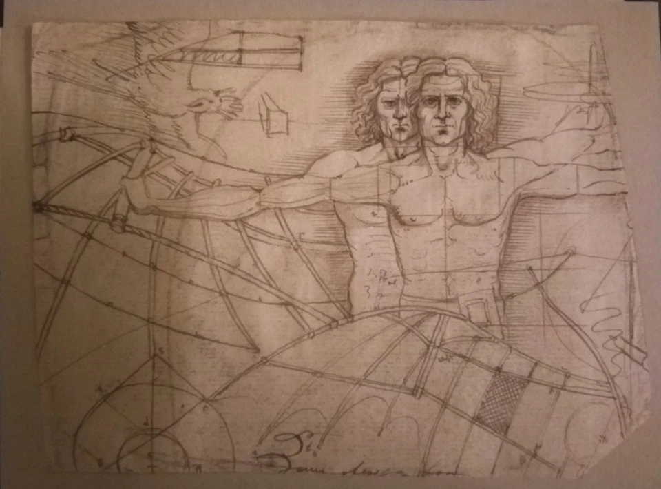 Hombre y mecanismo de Vitruvio Códice Leonardo da Vinci ORIGINAL dibujo a tinta Foto 4 de 4
