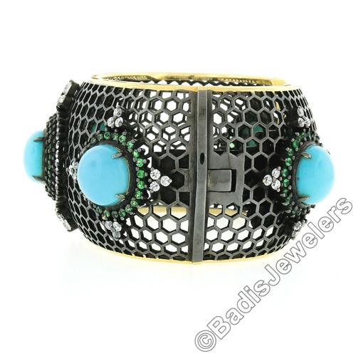 18k Schwarz Gold Türkis Tsavorit & Diamant Waben BREIT Manschette Armreif Armband - Bild 5 von 8
