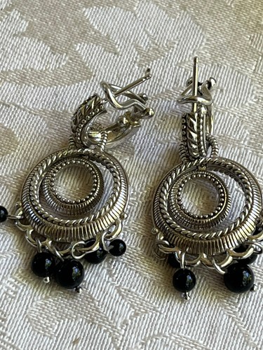 Designer Judith Ripka Twisted Hoop Black Onyx Dangle Charm Earrings 16.36g - Picture 4 of 7