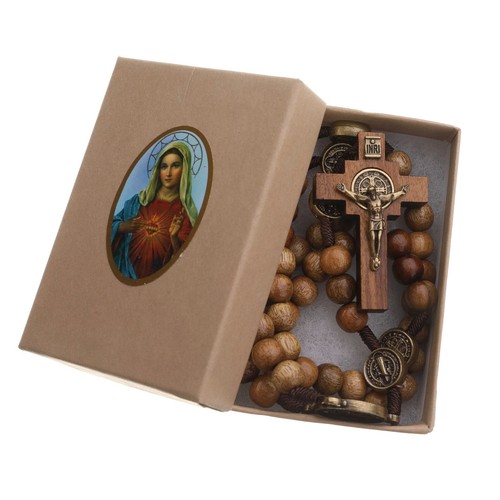 16" Brown Wood Rosary Beads Catholic St Saint Benedict Men Women Cord - Picture 2 of 5