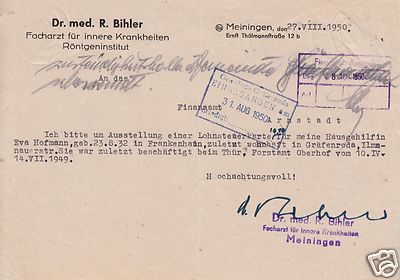 Anschreiben, Dr. med R. Bihler, Meiningen, bzgl. Lohnsteuerkarte, 27.8.50