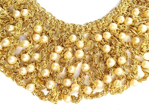 Vintage Necklace Collar Hand-Crocheted, Hand-Beaded Gold Pearl - Picture 6 of 9