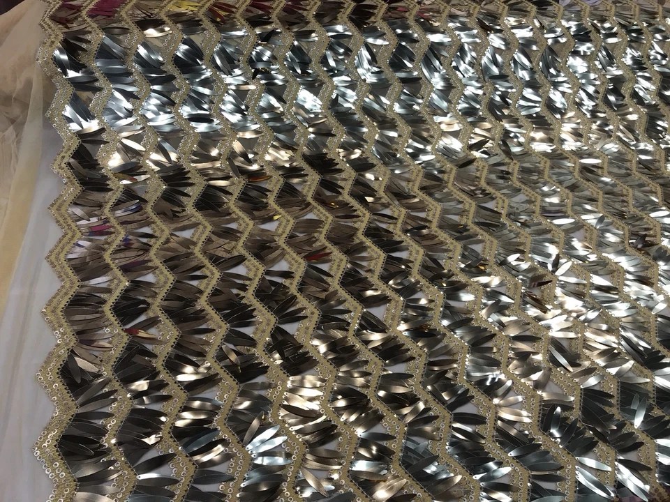 GOLD CHEVRON EMBROIDERY WITH LONG SEQUINS ON A MESH-SOLD BY THE YARD. - Image 2 of 4