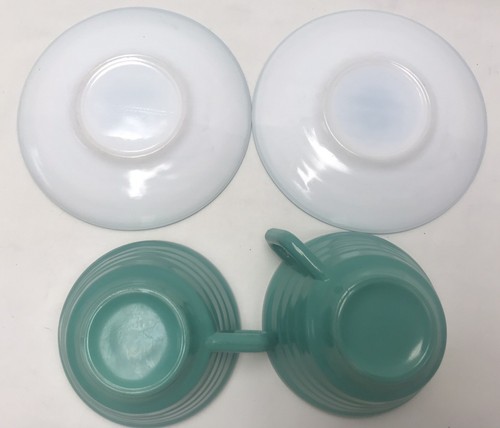 Pair of Vintage Hazel Atlas Moderntone Platonite Teal Green Teacups & Saucers - Picture 6 of 6