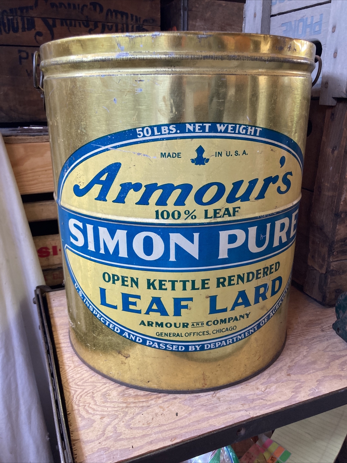 Vintage 50 Lb Armour Simon Pure Leaf Lard Metal Tin Pail Bucket Chicago