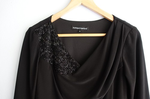 Anthea Crawford Dress Womens 10 Black Pleated Beaded 3/4 Sleeve Evening Event - Picture 2 of 15