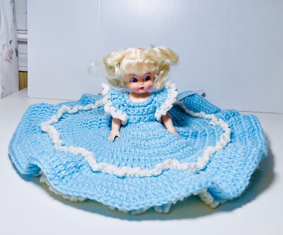 Vtg 1992 Fibre-craft materials Corp Girl Doll In Blue Crochet Handmade Dress