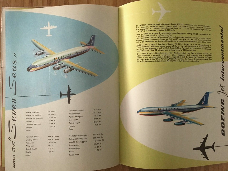 SABENA AIRLINES SAFETY CARD BOOKLET B707 DC6 DC7 CONVAIR ROUTE MAP 1955 ...
