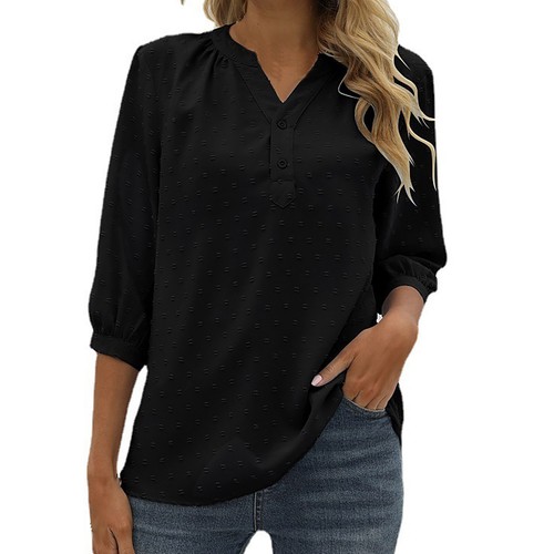 Womens Summer V Neck 3/4 Sleeve Blouses Swiss Dot Tunic Tops Casual Button Shirt - Bild 28 von 50