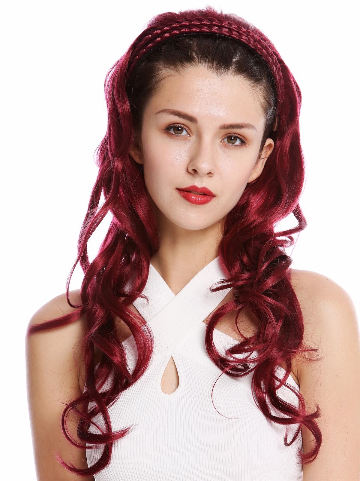 Noble Braided Headband Half Wig in Long Wavy Garnet Red