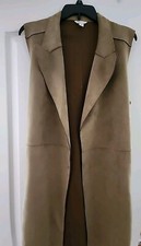 Women's Cato Khaki Green Faux Leather Suede Duster Tunic Vest With Tie Size L