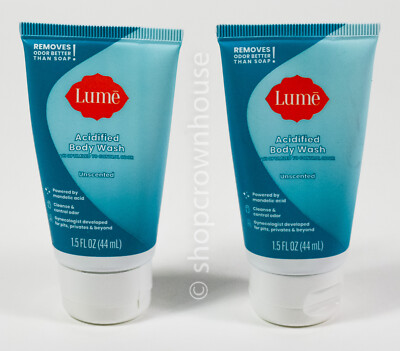 2 LUME Acidified Body Wash 1.5oz UNSCENTED removes Odors ~ Travel Size Tubes
