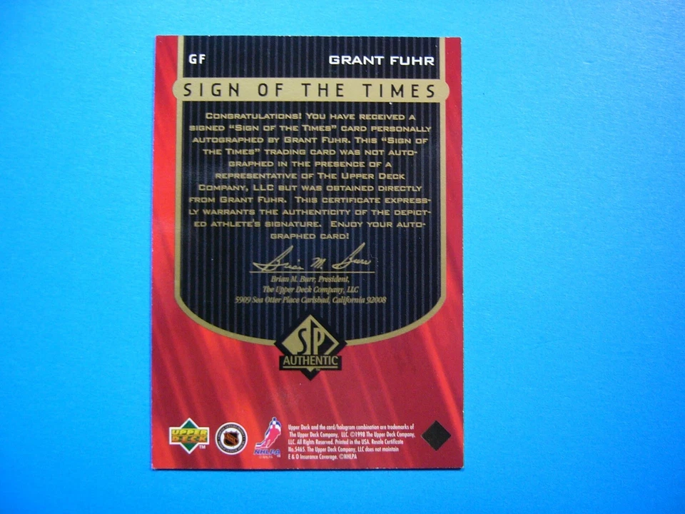 1997/98 UPPER DECK SP SINAL DOS TEMPOS CARTÃO #GF GRANT FUHR QUASE PERFEITO AUTÓGRAFO AUTOMÁTICO - Imagem 2 de 2
