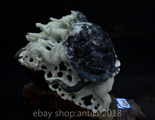 12" Chinese Natural Xiu Jade Carved Fengshui Animal Tortoise Turtle Coral Statue - Picture 8 of 11