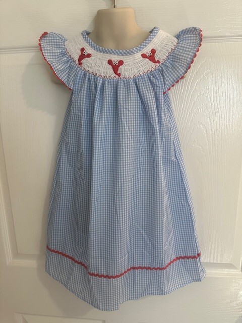 Little Girls Size XL Blue Plaid Smocked Dress With Red Embroidered Lobsters