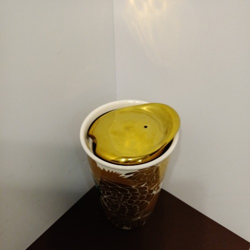 Taza de viaje Starbucks 2014 punto verde dorado y azul blanco porcelana cerámica - Imagen 5 de 8