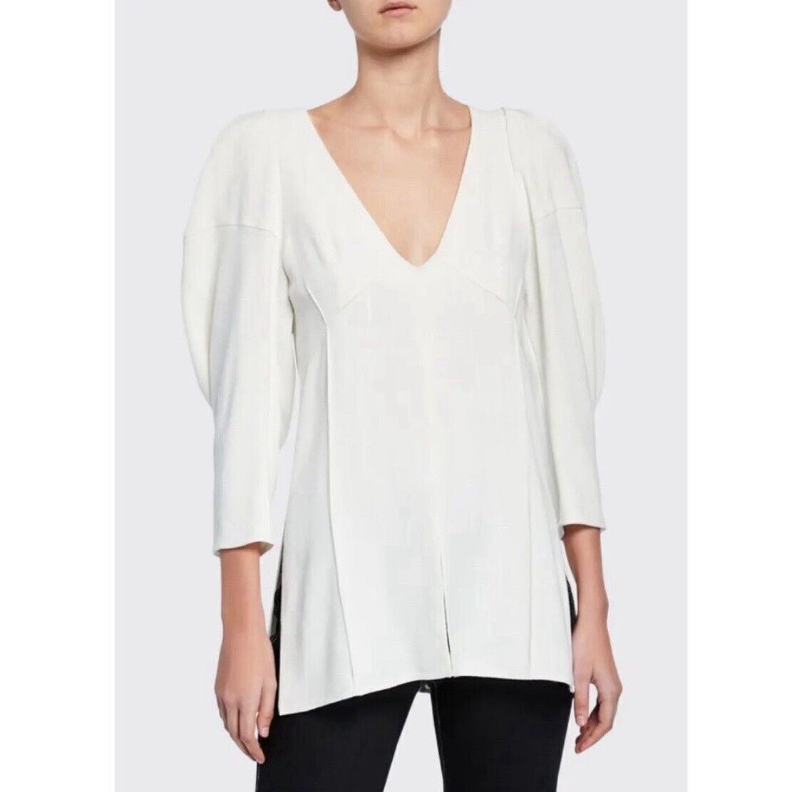 KHAITE Jenny White Woven Puff Shoulder Long Sleeve Top Long KHAITE Jenny White Woven Puff Shoulder Long Sleeve Top Long