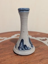 Vintage 1990 Rowe Pottery Works Salt Glazed Stoneware Bud Vase W/Cobalt Accents