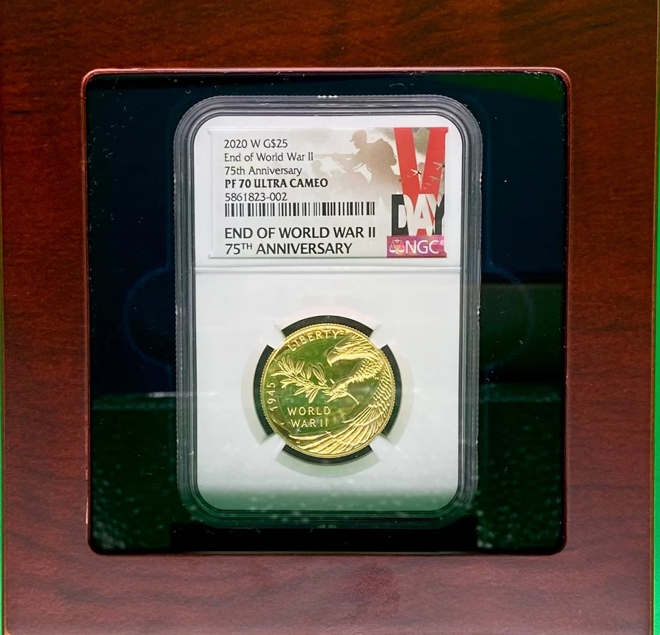 2020 End of World War II 75th Anniversary  W $25 Gold Medal PF70  V  LABEL - Image 3 of 4
