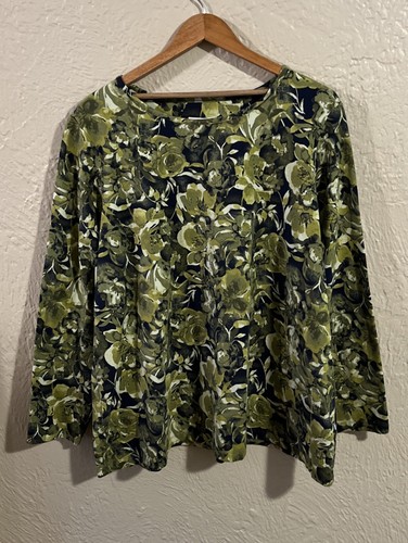D&Co Denim & Co Perfect Jersey Top Damen 2X Grün Rose Blumen Langarm - Bild 2 von 9