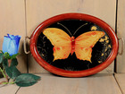 Plateau Ancien en Bois décor Papillon Peint Sous Verre Art Nouveau