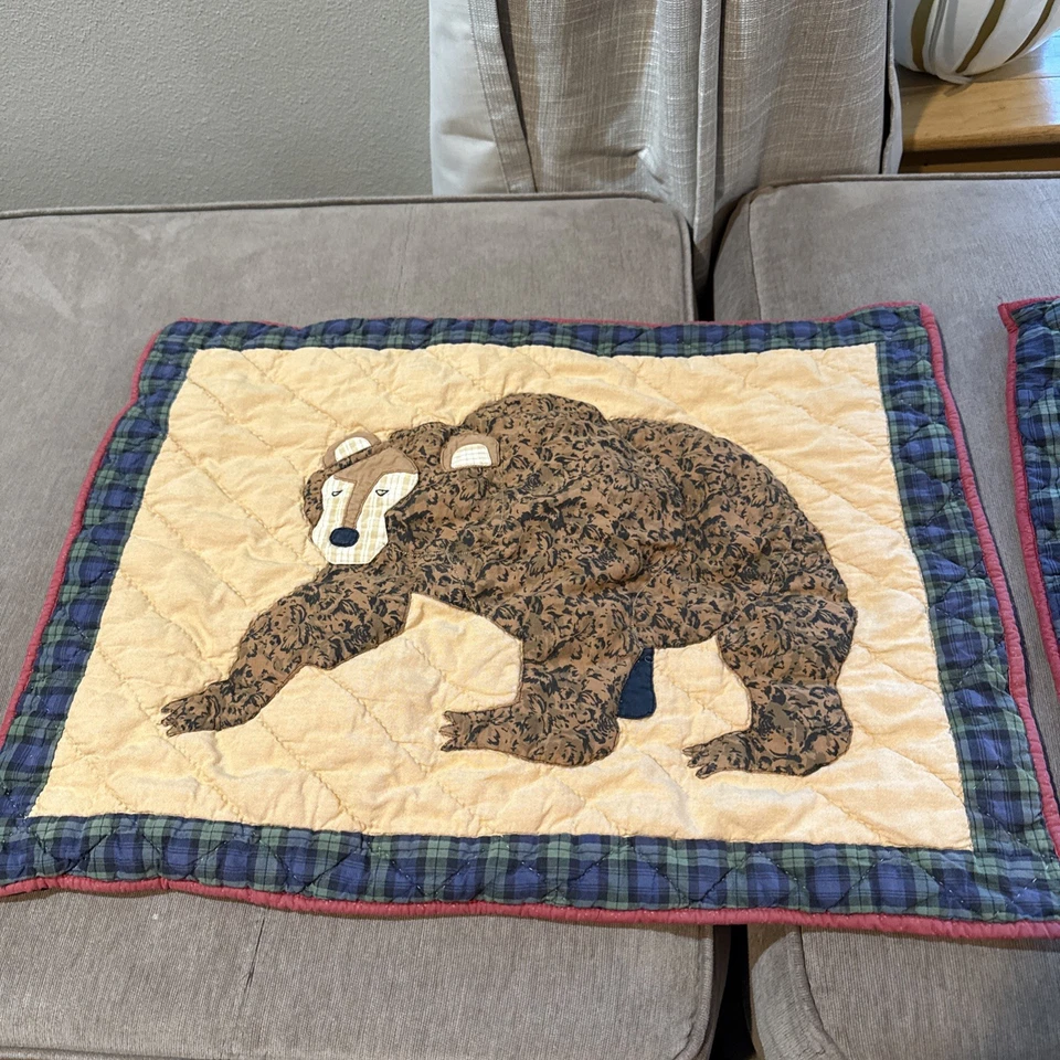 Vtg Patch Magic Quilted Pillow Shams Cover Patchwork Plaid Bear Canoe Cabin Set - Image 2 of 4