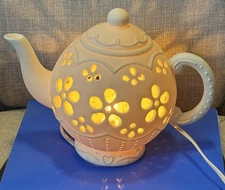 Cracker Barrel Plugin Lamp Light White Ceramic Bisque Teapot Accent