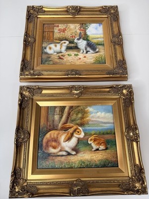 lot 2 Gilded Framed signed Small Oil Painting Bunny Rabbit Antique Style chic