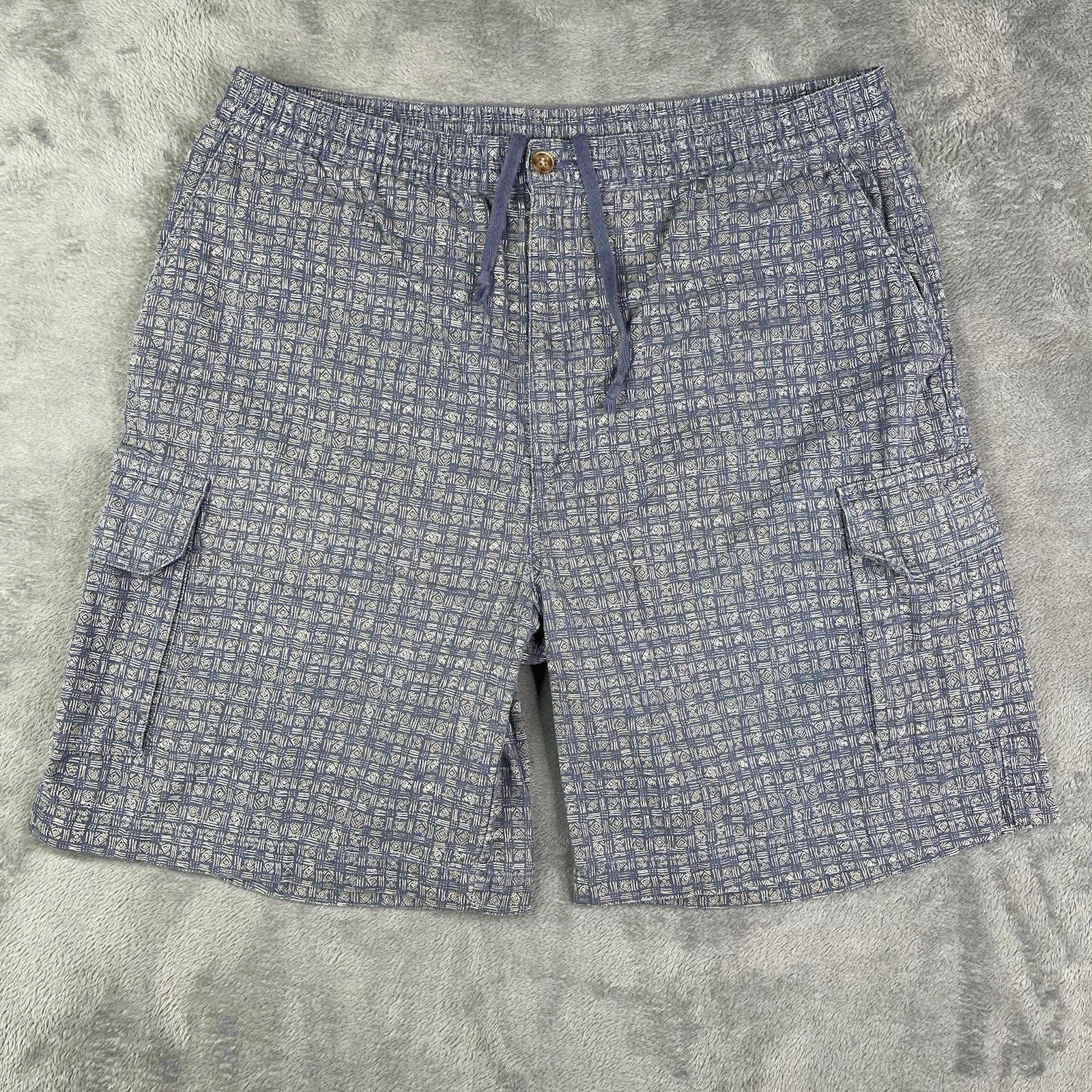 Vintage LL Bean Cargo Shorts Mens M/L 35 Elastic Waist Drawstring Print Camp