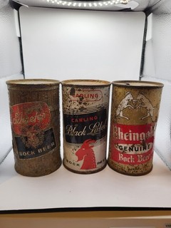 TOUGH DUMPER TRIO BOCK FLAT TOP BEER CANS SCHAEFER.BLACK LABEL.RHEINGOLD