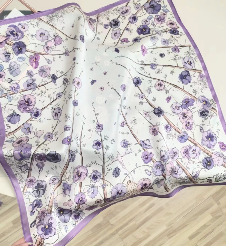 100% Mulberry Silk Scarf Purple Petal Print Bandana Wrap 21 Inch Shawl
