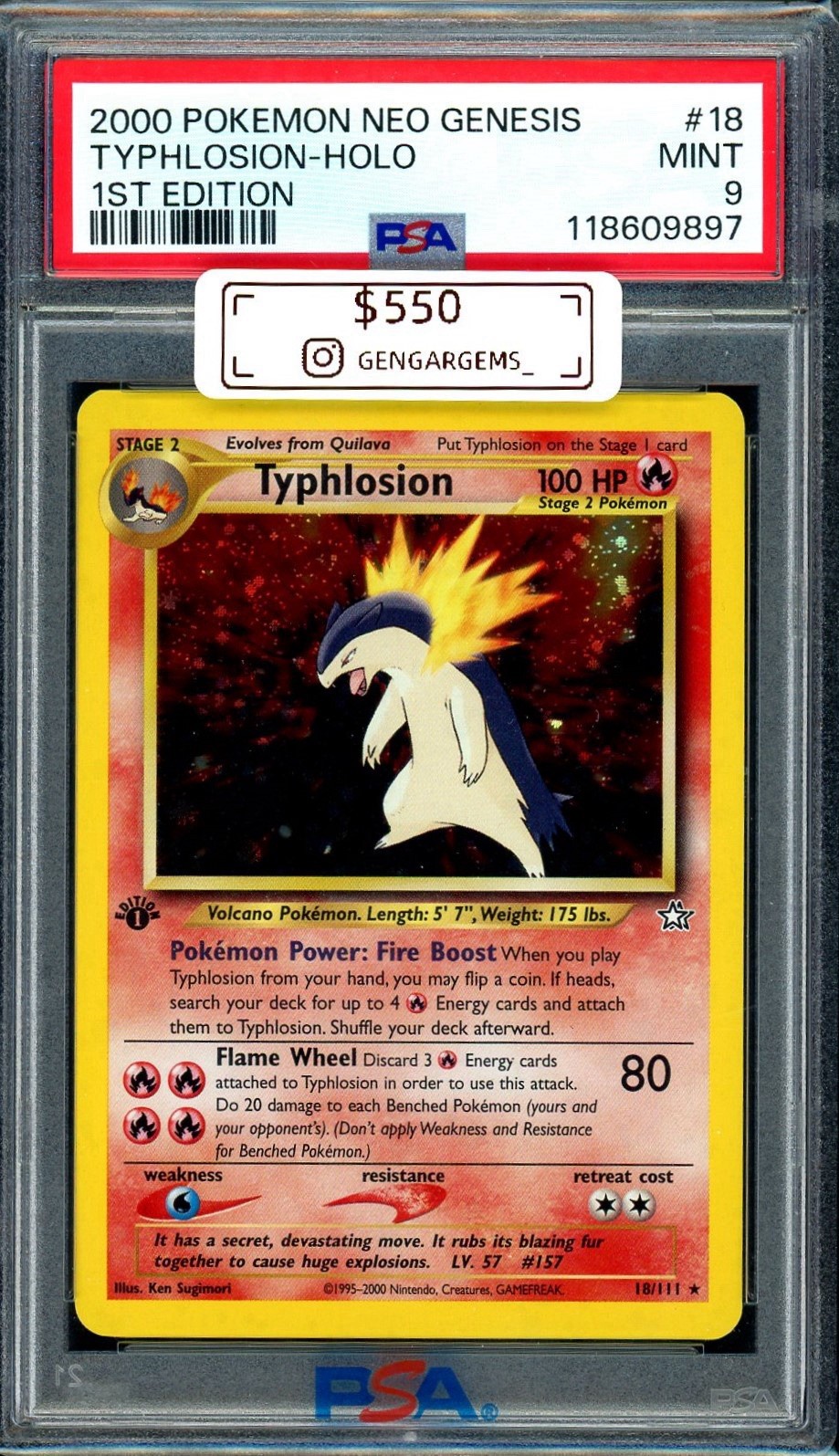 2000 Pokemon Typhlosion 1st Edition 18/111 Neo Genesis Holo PSA 9 fresh CERT 🔥