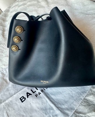 BALMAIN Emblème Tote Bag Black Grained Calfskin Leather Gold Crest Buttons AUTH