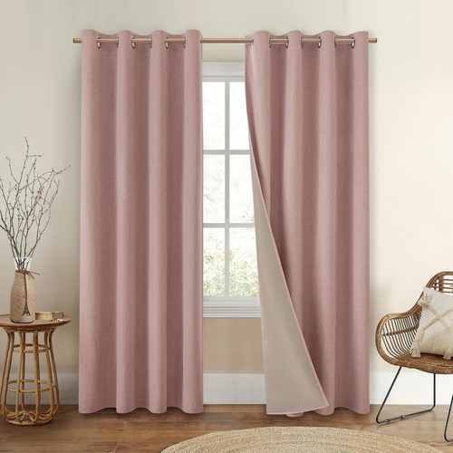 100% Blackout Curtains 2 Panels Blush Pink Linen Room Darkening Curtains 52 X...