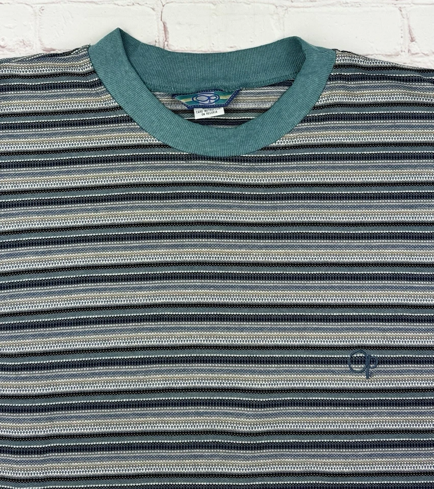 Camiseta cirúrgica masculina vintage listras grandes oceano Pacífico surf skate feita nos EUA anos 80 - Imagem 3 de 4