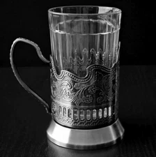RUSSIAN TRADITIONAL  TEA GLASS  AND METAL TEA GLASS HOLDER HOT TEA, COFFEE New