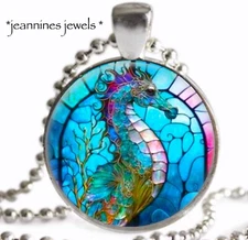 Seahorse Necklace BLUE SEA HORSE BEACH OCEAN ART PRINT Silver Charm Pendant
