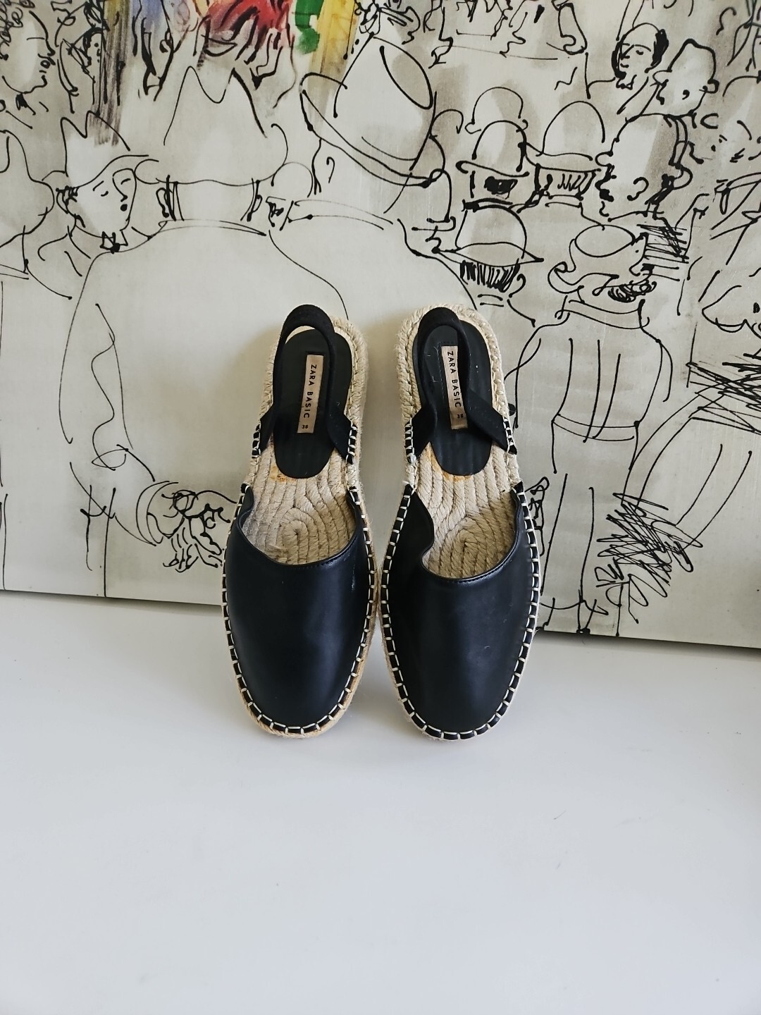 Zara Basic Black Flat Straw Woven Braided Sole El… - image 4