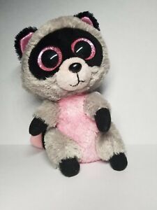 Details about   Ty 6" Beanie Boo Rocco Plush Stuffed Raccoon Animal Pink Glitter Eyes