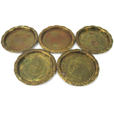 5 alte Messing Untersetzer Eva von Stössel? Mendelssohn? Art Deco Brass Coasters