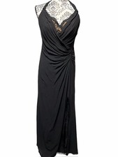 Tadashi Women  s 8 Black 100 Silk Formal Maxi Halter Dress With Lace Accents