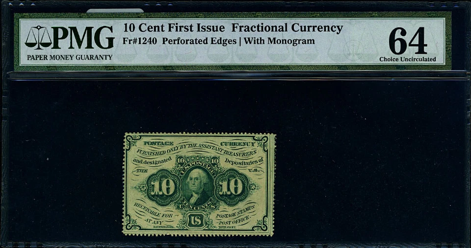 FR. 1240 10 c. 1st Issue Fractional Note Perforated Edges Choice PMG CU64 - Image 2 of 3