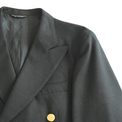 Vtg 42R Black Hopsack Gold Button Double Breasted Peak Lapel