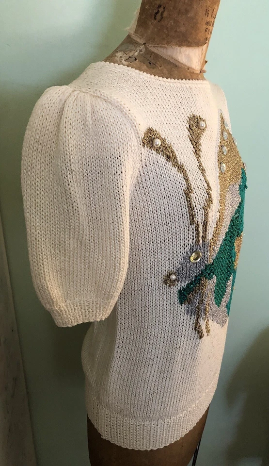 DE COLECCIÓN NANNELL TEJIDO A MANO MANGA CORTA TOP CUENTAS MARIPOSA TALLA M Foto 2 de 4