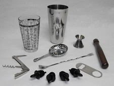 12pc BOSTON SHAKER BAR KIT Tin Glass Spoon Jigger Muddler Strainer Opener Pourer