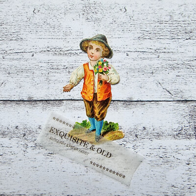 um 1900 Junge Hut Kind Blumen Victorian Glanzbild Prägedruck Luxuspapier Deko