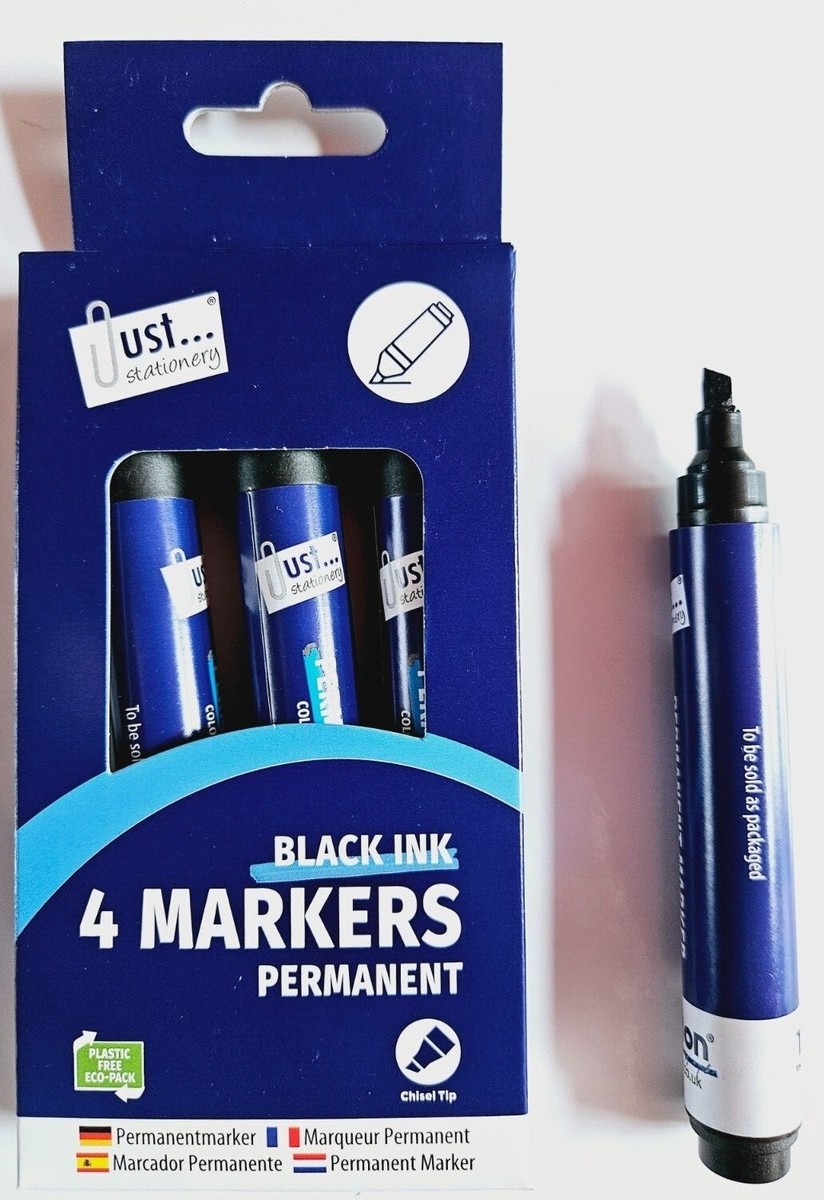 4-Color Permanent Marker Set - Chisel Tip Waterproof Markers For Wood, Plastic, Metal & Paper