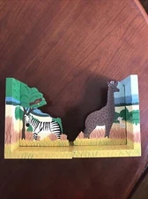 Vintage Jungle Zebra Giraffe Wood Bookends  Folk Art Serendipity Hand Painted 6”