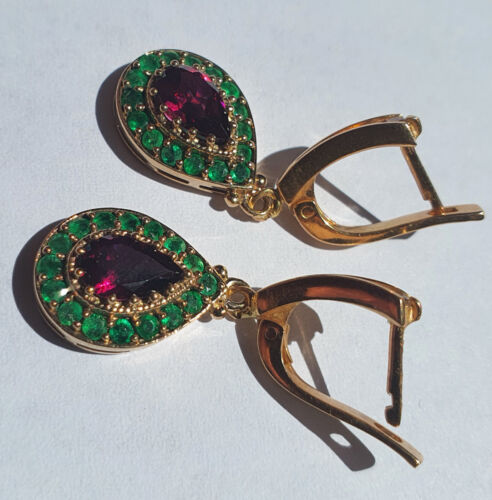 14K Yellow Gold Natural Diamond, Rhodolite Garnet and Emerald Earrings - Picture 3 of 14